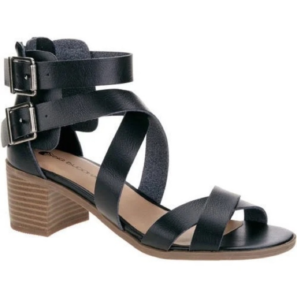 BIG BUDDHA Black Vegan Leather Block Heel Strappy Sandals 7 Black